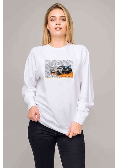 Back To The Future Car Baskılı Beyaz Kadın Sweatshirt