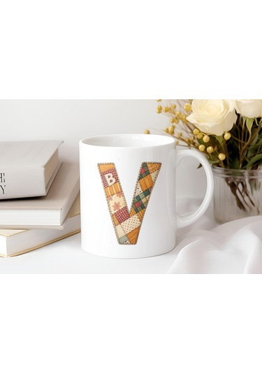 V Harfi Sonbahar Kış Temalı Yamalı Tasarım Kupa Bardak - Etnik Ve Pathwork Severlere Özel Hediye Beyaz