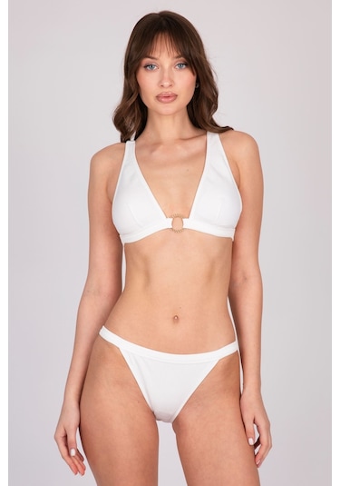 Burcumay Gold Halka Detaylı Beyaz Üçgen Bikini Takımı