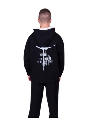 Çocuk 2 İplik Kumaş Pamuklu Sırtı Yazı Detaylı Kapüşonlu Tasarım Sweatshirt-13541 Siyah