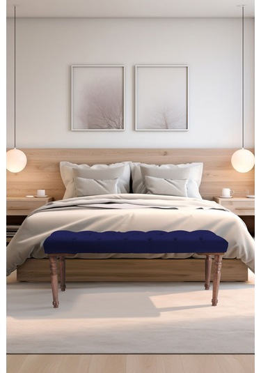 Gazzini Classic Torna Gürgen Ahşap Ayak Chester Model Kapitoneli Mavi Puf Bench - Ceviz Ayak