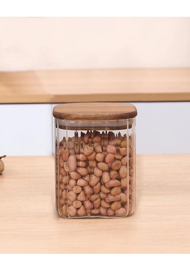 Mien Men Bor063 Kare Bambu Kapaklı Cam Kavanoz 1050 Cc Şeffaf