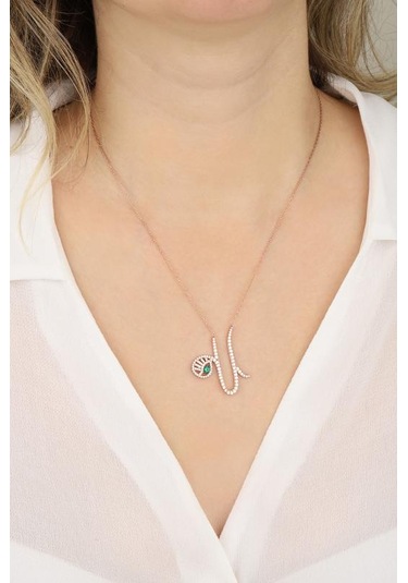 Renkli Gözlü Gümüş Harf Kolye - U