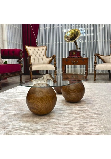 Top Sehpa & Küre Cam Orta Sehpa Kaplama Ahşap Desen Sehpa