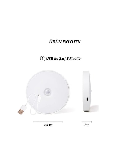 Usb Şarjlı Pır Hareket Sensörlü Gece Lambası Magnet Mıknatıslı 4000k-gün Işığı-2adet Beyaz