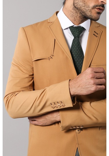 Çift Düğmeli Omuz Parçalı Mono Yaka Sarı Ceket - Wessi Sarı