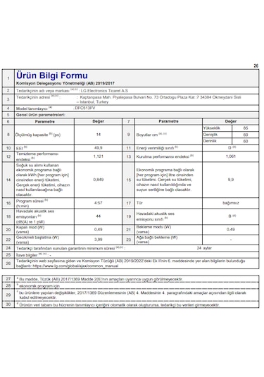 LG DFC513FV 9 Programlı 14 Kişilik Bulaşık Makinesi