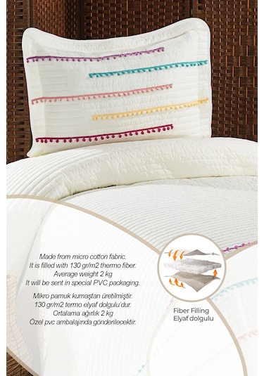 Evlen Home Nova Renkli Ponponlu %100 Pamuk Tek Kişilik Yatak Örtüsü Elyaf Dolgulu Pike Takımı Krem