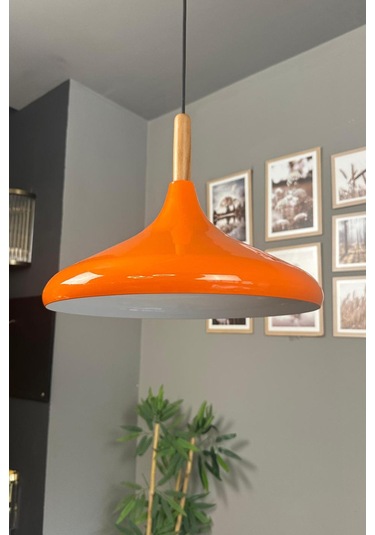 Champion Parlak Turuncu Ahşap Tekli Avize Sarkıt Salon Mutfak Cafe Butik Lamba Aydınlatma Avizeler Turuncu