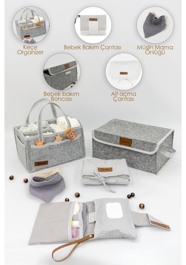 Mordesign Yenidoğan Bebek Bakım Çeyiz Seti Bebek Hediyesi, Anne Bebek Organizer, Bebek Hediye Kutusu Gri Ekose Zg10053-1 Gri