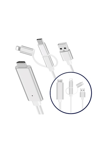Lightning Çevirici Hdmı Usb-C Micro Usb Çevirici 3Lü Dönüştürücü-Gümüş