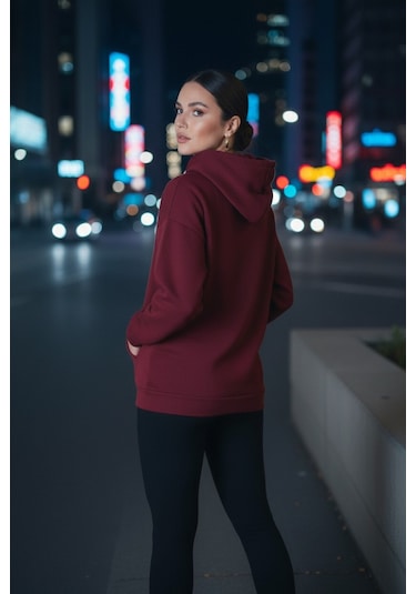 Bordo Şardonlu Kapüşonlu Sweatshirt Bordo