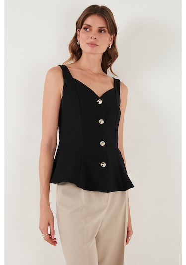 Lela Fitted Fit V Yaka Düğmeli Bayan Yelek 611Fyl145 Siyah