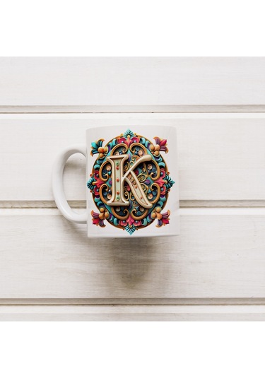 K Harfi Boho Bardak, Renkli Özel Tasarım Hediyelik Harfli Kupa, 330ml Porselen Beyaz