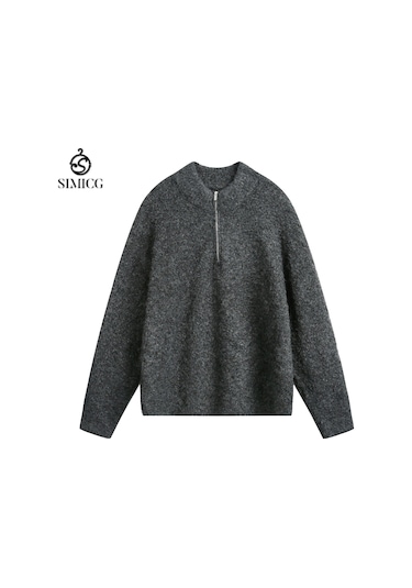 Erkekler İçin Yarım Fermuarlı Dik Yaka Kazak, Sonbahar Ve Kış İçin Kalın Ve Sıcak Örme Kazak Koyu Gri