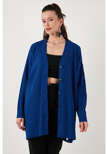 Lela V Yaka Düğmeli Uzun Triko Bayan Hırka 4616040Y Mürekkep