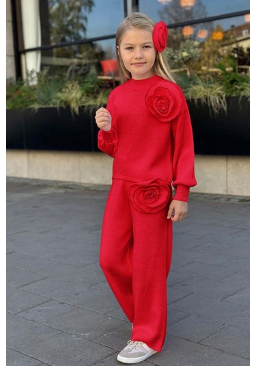 Riccotarz Kız Çocuk Balıkçı Yaka Omuzunda Gül Broşlu Kazak Bol Kesim Kırmızı Triko Alt Üst Takım Kırmızı