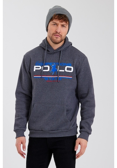 Polostate Erkek Kapüşonlu Baskılı 3 İplik Sweatshirt Antrasit