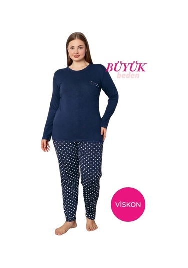 Kadın Bisiklet Yaka Düğmesiz Dökümlü Viskon Mevsimlik Uzun Kol Cepli Pijama Takımı Lacivert-beyaz