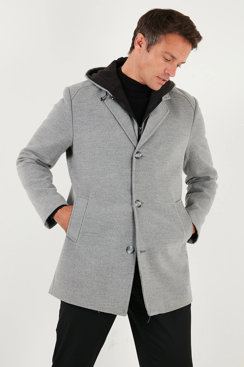 Buratti Çıkarılabilir Kapüşonlu Kırçıllı Slim Fit Kaşe Erkek Kaban 5841013 Gri