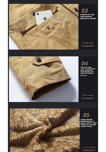 Orta Uzunlukta Pamuklu Dolgulu Ceket, Kalınlaştırılmış Pamuklu Dolgulu Ceket, Kürk Yaka, Sıcak Erkek Kışlık Polar Astarlı Ceket Siyah