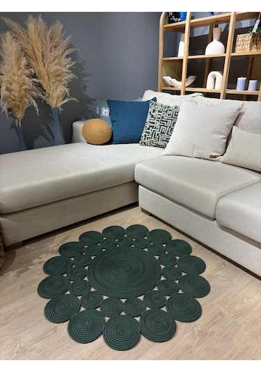 Mavaux Hasır Jüt Çiçek Desenli Kilim Halı Yeşil