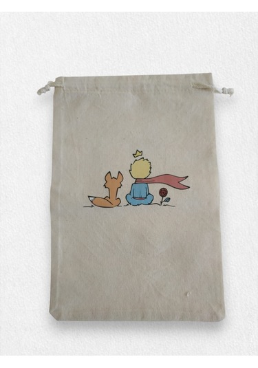 Küçük Prens Desenli Büzgülü Ham Bez Kese 20x30 Cm, 3 Adet Açık Bej