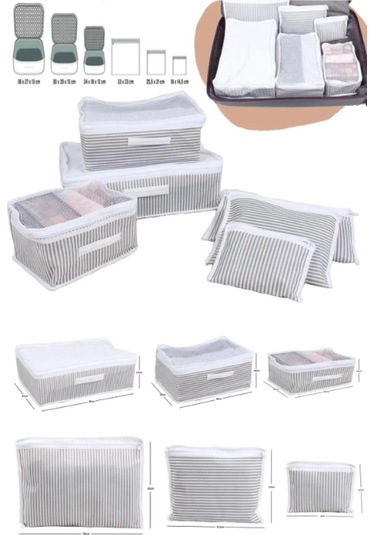 Çizgili Bavul Organizer Valiz Düzenleyici 6 Parça Çamaşır Düzenleyici Organizer Hurç Gri