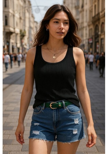 Munn Collection Kadın Askılı Örgü Detay Bluz Siyah