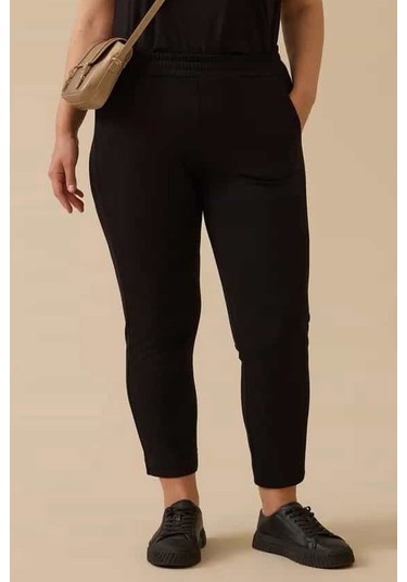 Kadın Büyük Beden Elastik Bel Bilek Boy Pantolon - Siyah 4358748