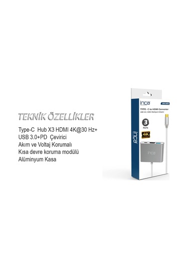 Inca Itpc-04tx Type-c Hub Hdmı 4k 30hz Usb3.0+pd100w Akım Ve Voltaj Korumalı Alüminyum Çoklayıcı