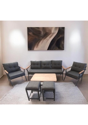 Pilocca Bahçe Ve Balkon Mobilyası Antrasit 3+1+1 Sehpa Ve 2 Puflu Antrasit