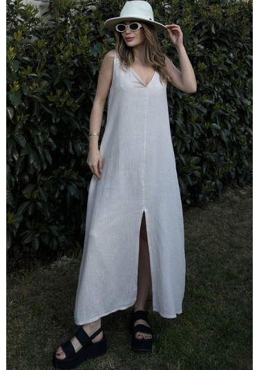 Kadın Bej Askılı İthal Müslin Kumaş, Önü Ve Arkası V Yaka, Önden Yırtmaçlı, Maksi/uzun Salaş Elbise Taş