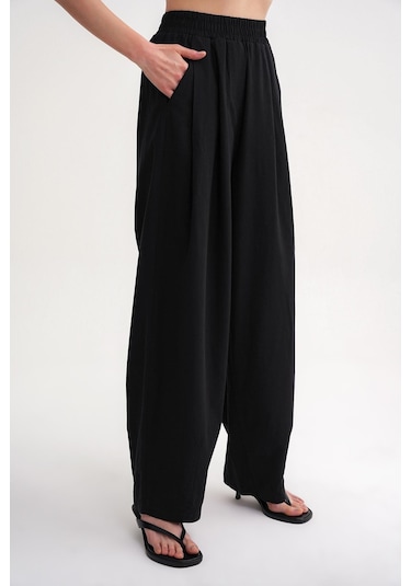 4682 Kadın Beli Lastikli Jogger Bol Keten Pantolon Siyah Siyah