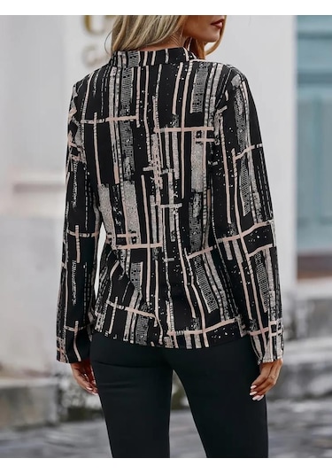 Kadın Uzun Kollu V Yakalı Desenli Dalgıç Bluz Siyah