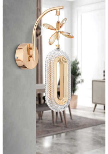 Alfa Tekli Gold Kristal Taşlı Aplik 3 Renk Modu Gold