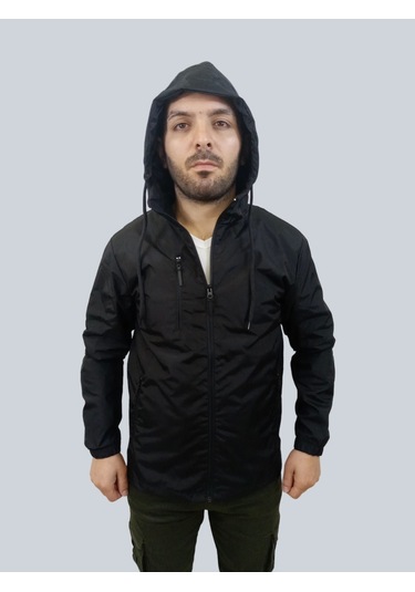 Erkek Kapüşonlu File Detaylı Siyah Yağmurluk Siyah