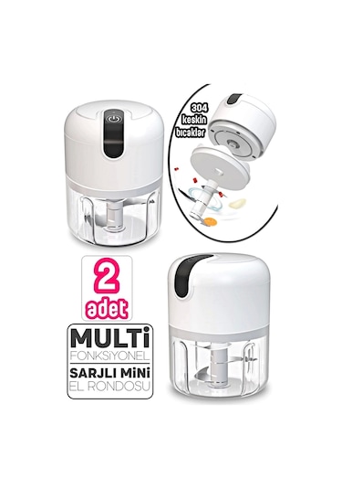 2'li Şarjlı Mini El Rondosu Çelik 3 Bıçaklı 250 Ml Mutfak Robotu Hazneli Sebze Et Doğrayıcı Rende