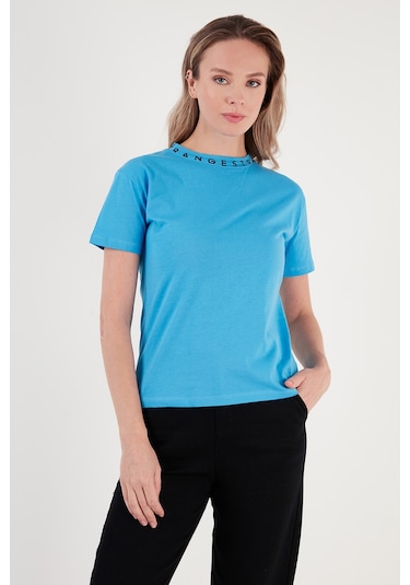 Lela Yakası Baskılı Bisiklet Yaka Basic Örme Bayan T Shirt 5864054 Bebe Mavi