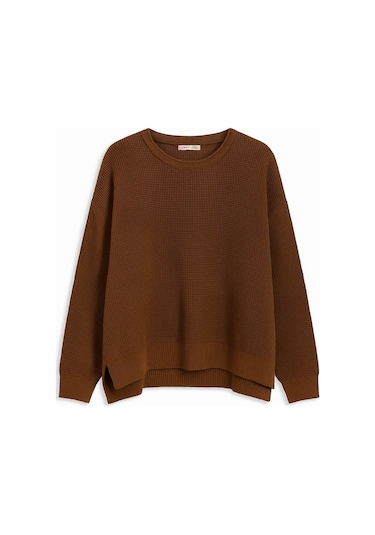 6183 Kadın Nopeli Oversize Triko İnce Kazak Kahve Kahve