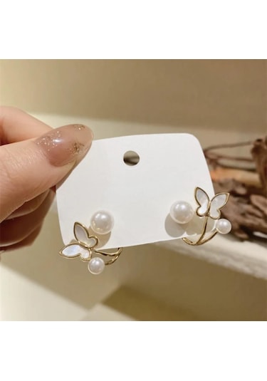 Zarif Ve Şık Kelebek Detaylı İnci Taşlı Altın Kaplama Antialerjik Çelik Küpe Altın