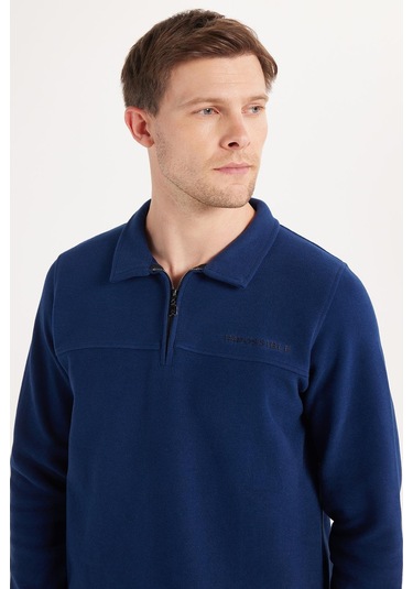 Erkek Standart Fit Pamuklu Selanik Kumaş Yarım Fermuarlı Polo Yaka Baskılı İndigo Sweatshirt-35751 İndigo