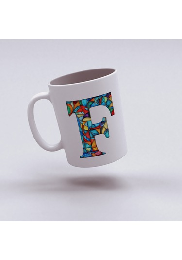 F Harfi Bardak 330 Ml İsme/harfe Özel Hediye, Renkli Harf Tasarım Beyaz