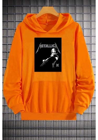 Unisex Metalica Baskılı Oversize Sweatshirt Turuncu