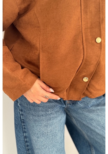 Kadın Fermuarlı Altın Düğmeli Mont Structured Style Taba
