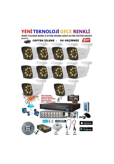 10 Kameralı Gece Renkli 8 Adet Warm Ledli Yeni Nesil 5 Mp Kuruluma Hazır Güvenlik Kamerası Seti