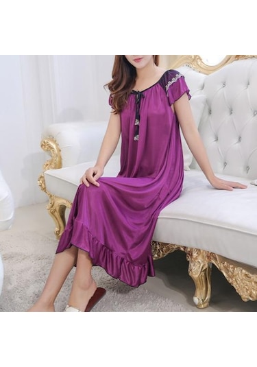 Koyu Mavi Yaz Gecelik Bağcıklı Uyku Rahat Güzel Sahte Saten Yaz Gevşek Gecelik Ev Giyim Xl Koyu Mavi