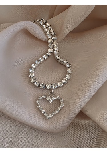Tek Sıralı Kalp Figürlü Kristal Taşlı Choker Tasma Silver Renk Kolye Gümüş