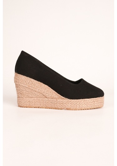 Siyah Platformlu Keten Dolgu Topuk Siyah 1490