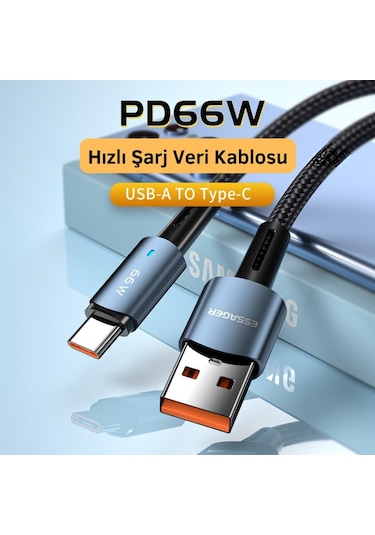 Essager 0.5cm 66w 6a Usb To Type-c Süper Hızlı Data Şarj Kablosu, Ultra Dayanıklı Şarj Ve Data Kablosu